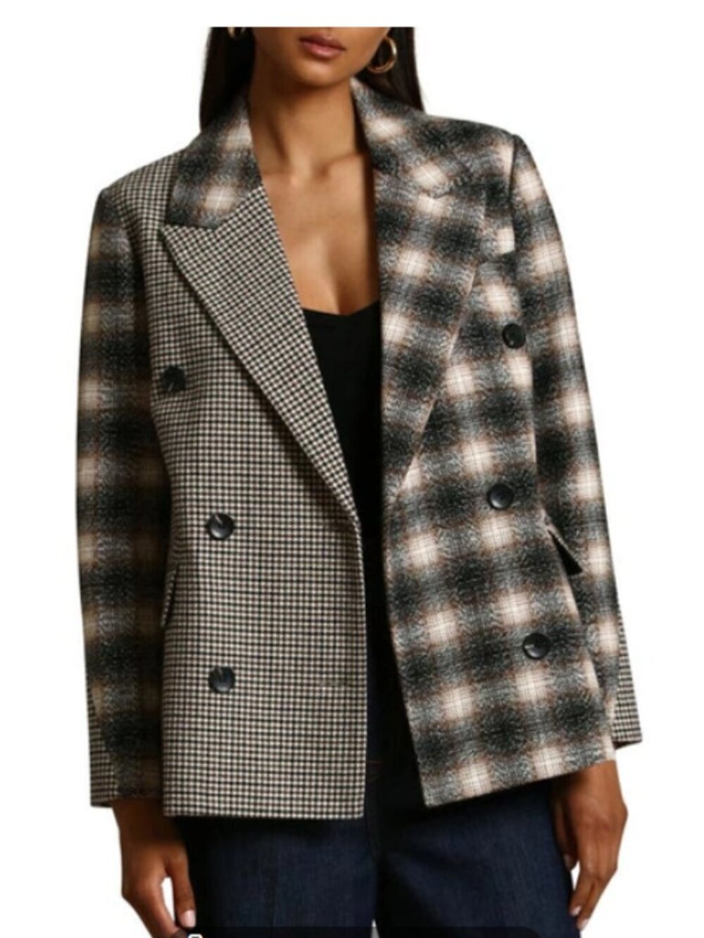 Avec Les Filles Mixed Pattern Blazer Brown Plaid Houndstooth XXS